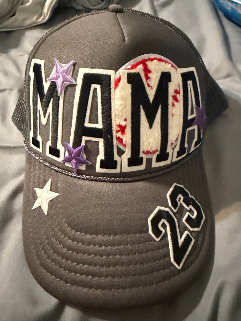 MAMA Embroidered Gray Kids Baseball Cap with Purple Stars